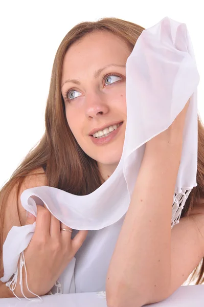 Young woman portrait with white wrap — Stock Photo, Image