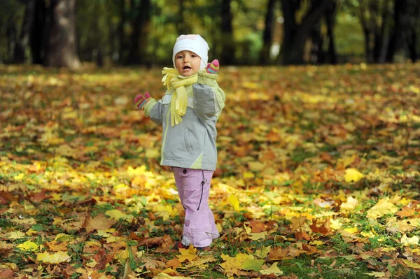 Chica jugando en el parque de otoño — Foto de Stock