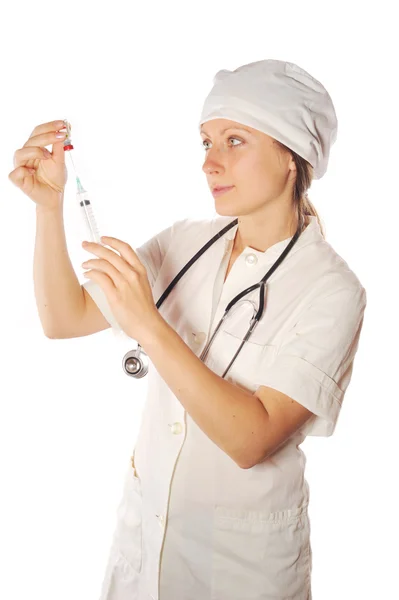 Nő orvos fecskendővel — Stock Fotó