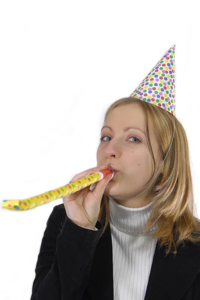 Nő születésnapi kalapban — Stock Fotó