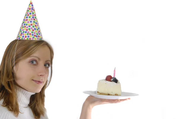 Nő és születésnapi torta — Stock Fotó