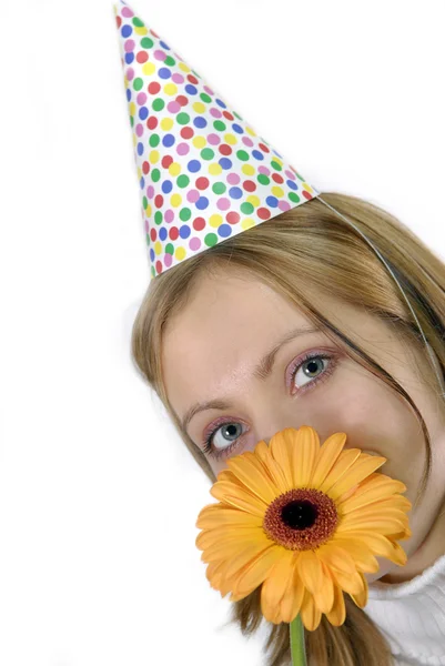 Woman with birthday and flower — Stock Photo, Image
