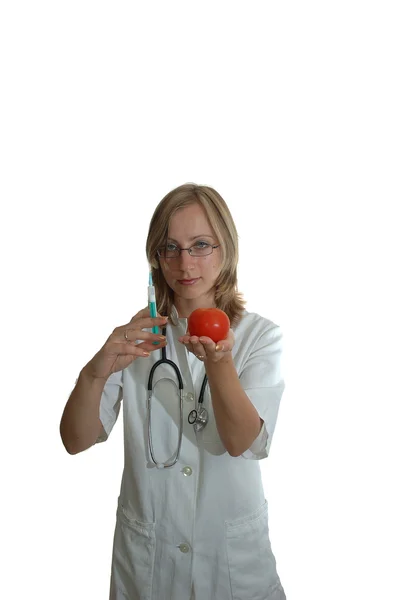 Doktor mladá žena s injekční stříkačkou — Stock fotografie