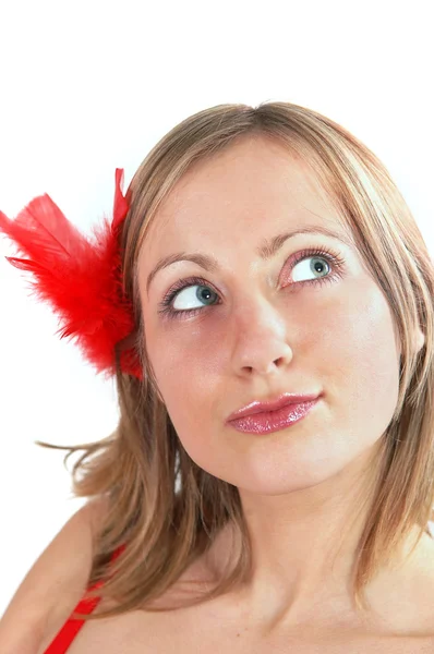Young woman portrait with feather — Stock Photo, Image