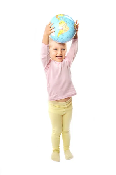 Girl with globe isolated on white — Stock Photo, Image