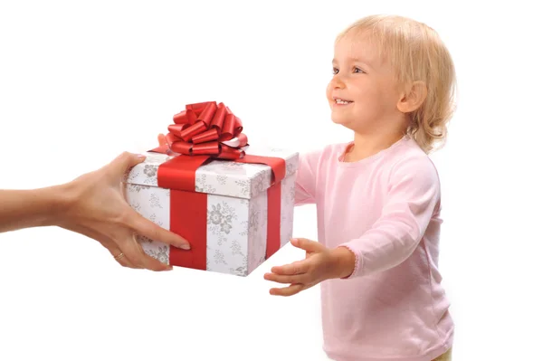 Girl getting gift isolated on white — Stock Photo, Image