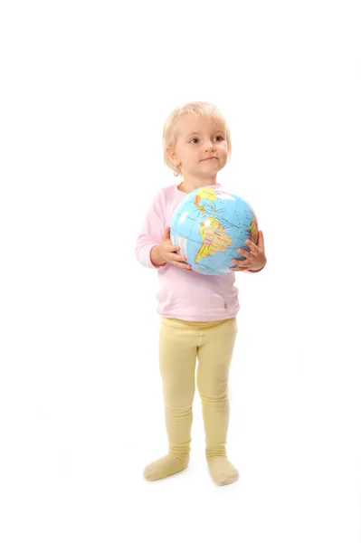 stock image Girl with globe isolated on white