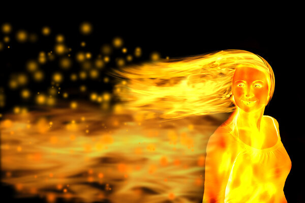 Woman figure made of flames on black