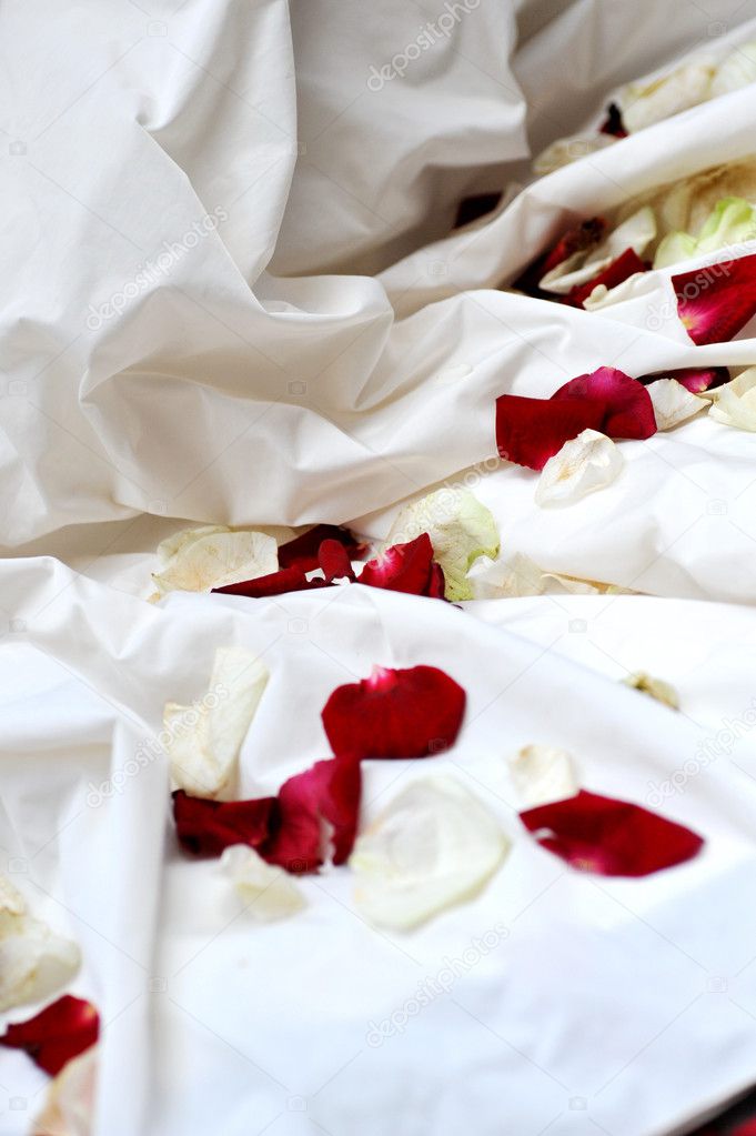 Rose petals on wedding dress