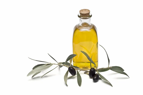 Bouteille d'huile d'olive et olives . — Photo