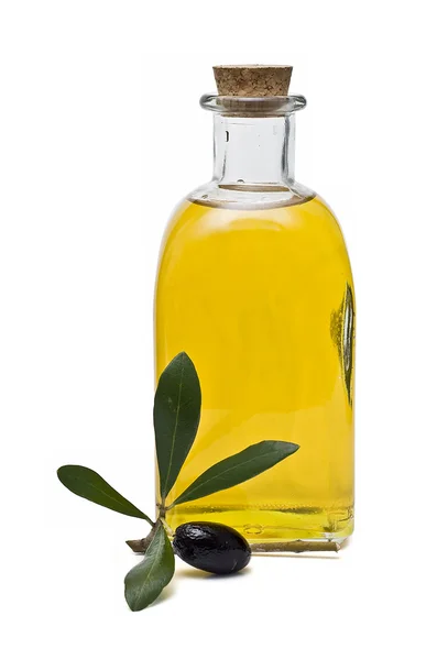 Üveg olívaolaj és olívabogyó. — Stock Fotó