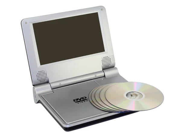 Компактный DVD-плеер и диски — стоковое фото
