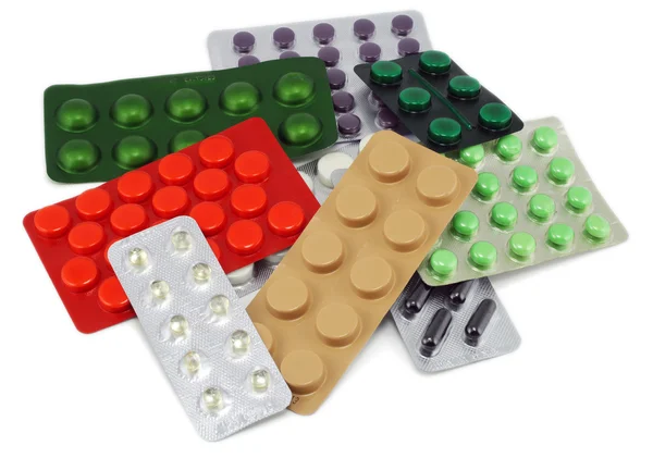 Embalagens de comprimidos coloridos — Fotografia de Stock