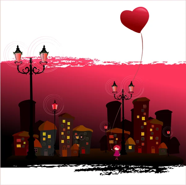 Иллюстрированный романтический город и симпатичная девушка — стоковое фото