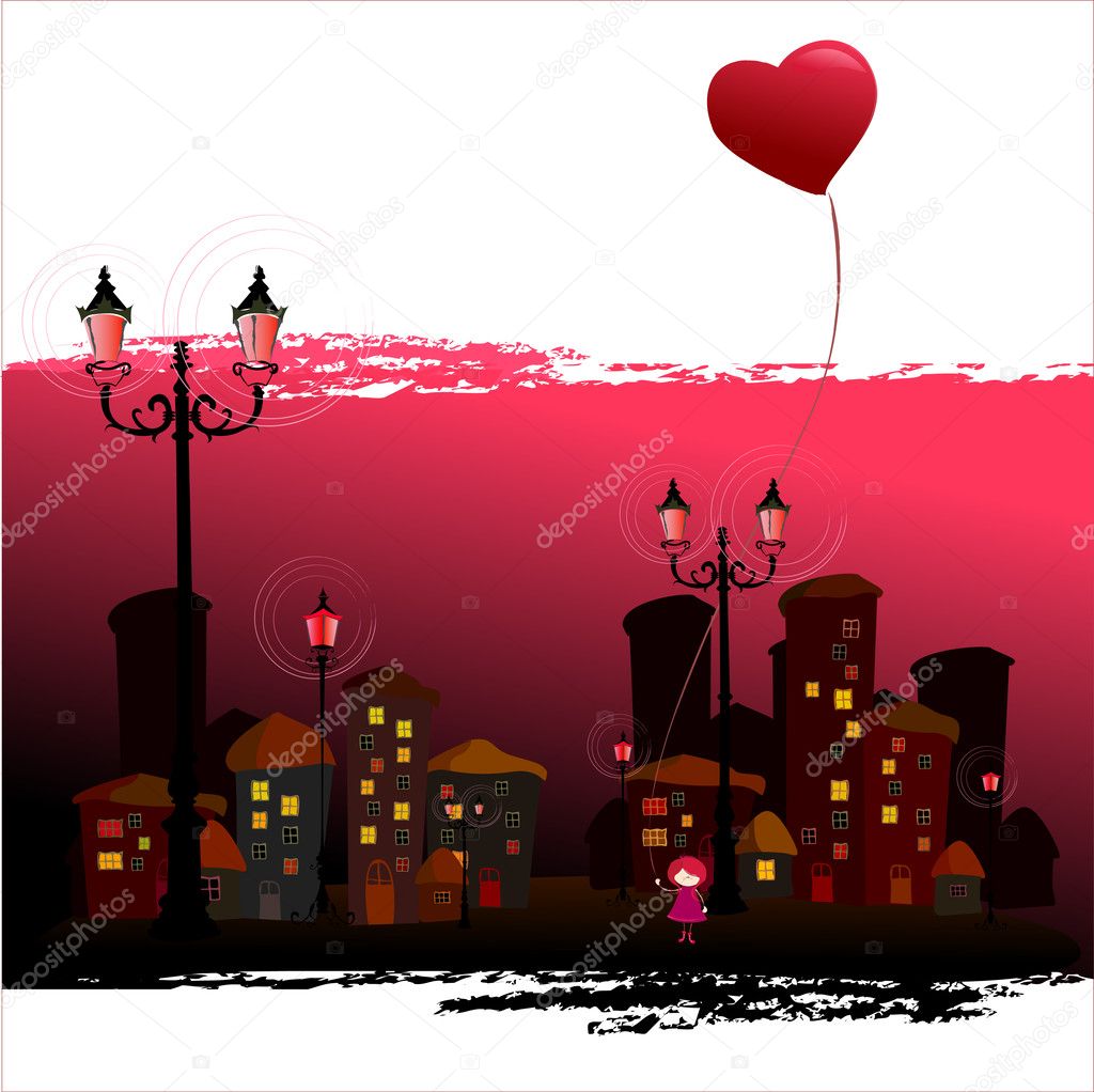 Illustrated romantic city and cute girl