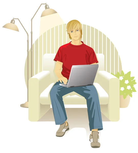 Uomo con computer portatile in sedia — Vettoriale Stock