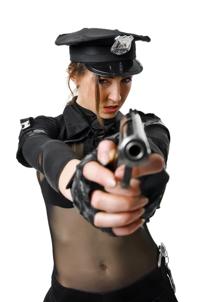Hermosa mujer policía apuntando con un arma — Foto de Stock