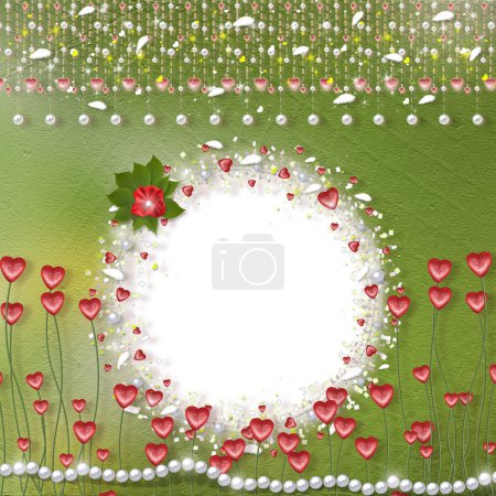 Carte avec coeurs, perles et plumes 