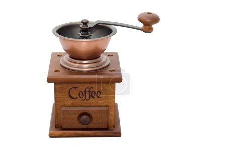 Moulin à café en bois sur fond blanc 
