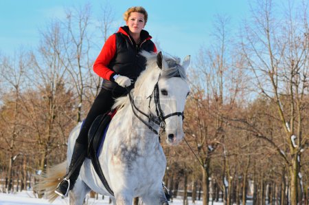 Fille sur cheval de dressage blanc en hiver 