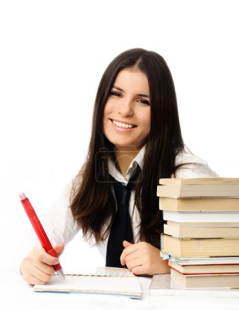 Belle étudiante faisant ses devoirs 